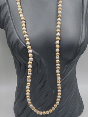 Vintage Karla Jordan Two Tone Ribbed Beaded Necklace 24" Gold Silver Tone Ball